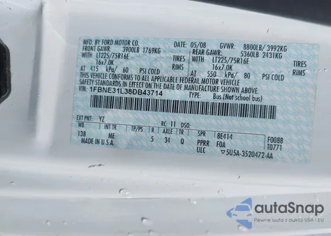 2008 Ford E-350 Super Duty Xlt из США, поврежденный, VIN 1FBNE31L38DB43714